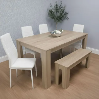 The Range Oak Effect Dining Table Set With 4 White Chairs And Bench Dining Room Furniture - white