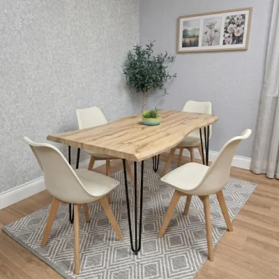 The Range Modern Dining Table 140cm with Metal Hairpin Legs and Set of 4 Cream Dining Chairs - Brown