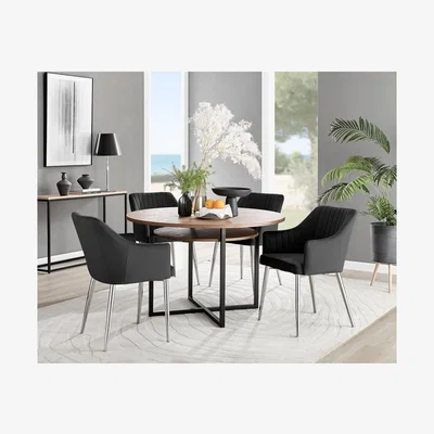 The Range Adley Brown Wood Storage Dining Table and 4 Calla Silver Leg Chairs - Black