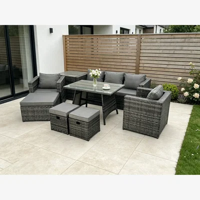 The Range Fimous 8-Seater Rattan Sofa Dining Set with Armchairs & Stools - Dark Grey