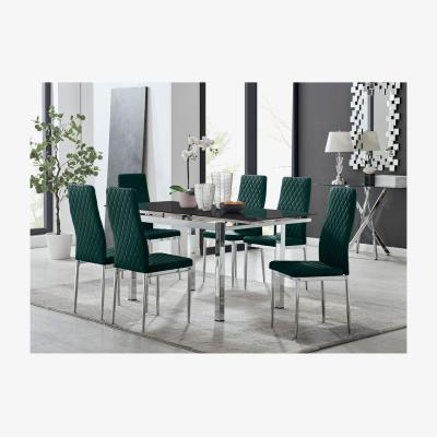 The Range Enna Black Glass Extending Dining Table and 6 Velvet Milan Chairs - Green