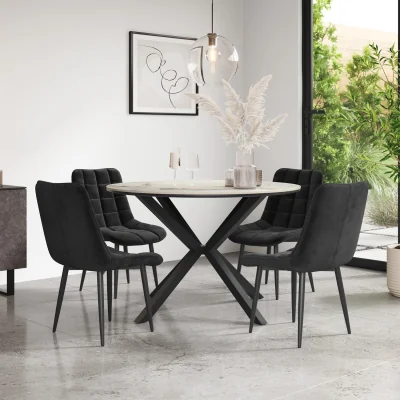 The Range Calne Calcutta Gold Table W Blk Leg+ Nova Velvet Dining Chair Set Of 4 - Black
