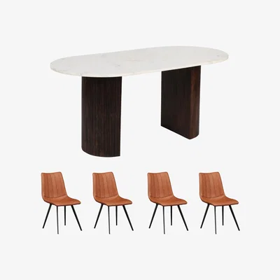 The Range Luxor Mango Wooden Dining Table Set 170Cm With Marble Top and 4 Chairs - Dark Wood
