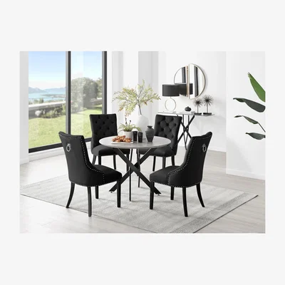 The Range Novara Grey Concrete Effect Black Leg Table And 4 Belgravia Black Leg Chairs - Black