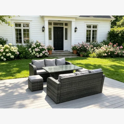 The Range Rattan 8 Seater Sofa Dining Set Rising Table Stools - Dark Grey Mixed