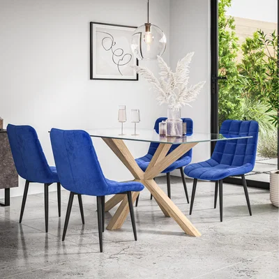 The Range Etta Glass Dining Table Set w Solid Oak Legs w 4-6 Nova Velvet Chair - Blue / 4