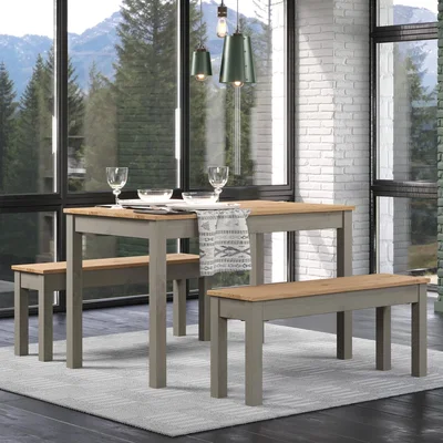 The Range Linea Grey 1200mm Table and 2 Bench Seat Set - Grey washed wax