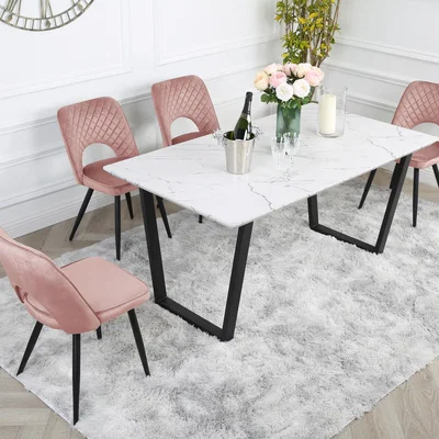 The Range Dining Table Set with 4 Metis Velvet Chairs - Pink / Steel Velvet