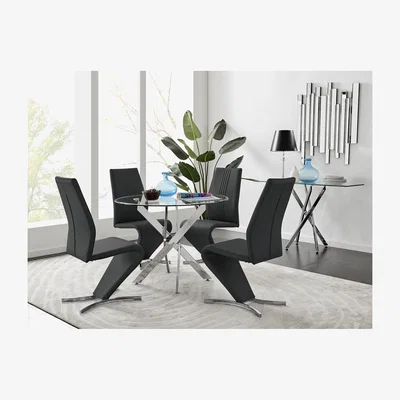 The Range Novara Round 100cm Chrome Metal  Glass Dining Table And 4 Willow Chairs Set - Black