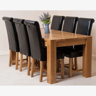 The Range Kuba 180 x 90 cm Chunky Oak Dining Table and 6 Washington Leather Chairs - Black