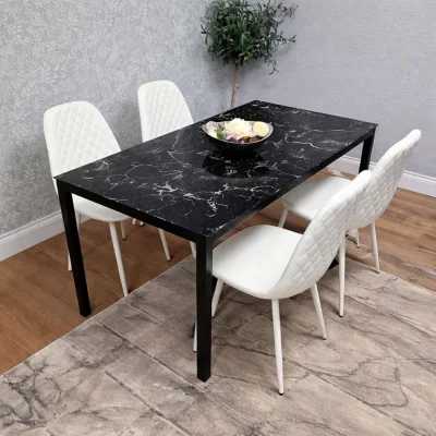 The Range Black Marble Effect Dining Table with 4 White Gem Pattern Faux Leather Chairs - Black