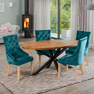 The Range Dossena Oval Dining Table Set with 4 Ravenna Velvet Chairs - Teal