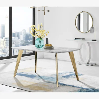 The Range Andria Gold Leg Marble Effect Dining Table and 6 Pesaro Black Leg Chairs - Mustard