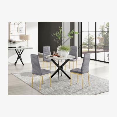 The Range Novara White Marble Effect Black Leg Table 4 Velvet Milan Gold Leg Chairs - Grey