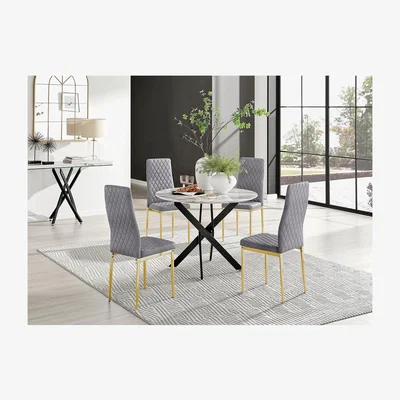The Range Novara White Marble Effect Black Leg Table 4 Velvet Milan Gold Leg Chairs - Grey