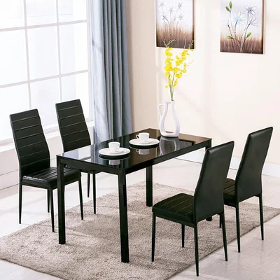 The Range Dining Table and 4 PU Chairs Set in Black - Black