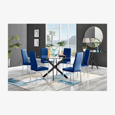 The Range Novara Black Leg 120cm Round Glass Dining Table and 6 Velvet Milan Chairs - Navy