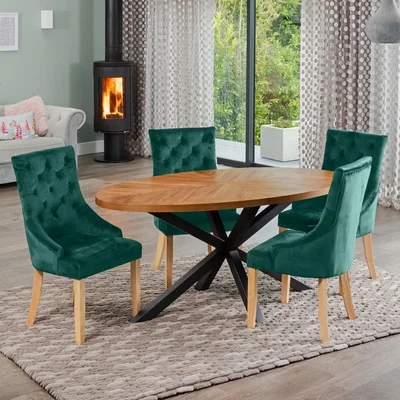 The Range Dossena Oval Dining Table Set with 4 Ravenna Velvet Chairs - Green