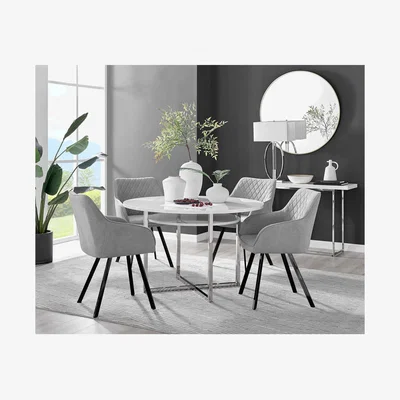The Range Adley White High Gloss Storage Dining Table and 4 Falun Black Leg Chairs - Light Grey