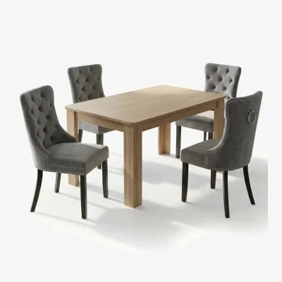 The Range Modern 4 Seater Dining Set with Oak Effect Table and 4 Grey High Back Button Velvet Chairs - Grey