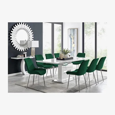 The Range Arezzo Large Extending Dining Table  8 Pesaro Silver Leg Chairs - Green