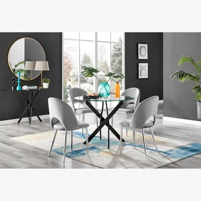 The Range Novara Black Leg Round Glass Dining Table And 4 Arlon Silver Leg Chairs - Grey