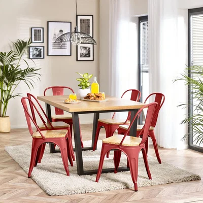 The Range Cotswold Oak Black Leg Dining Table And 4 Colton Wooden Seat Metal Chairs - Red