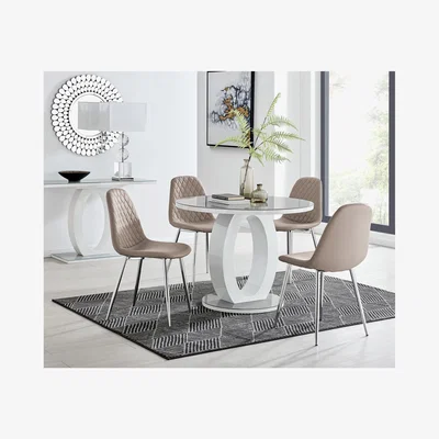 The Range Giovani Grey White High Gloss 100cm Round Dining Table  4 Corona Silver Chairs - Yellow