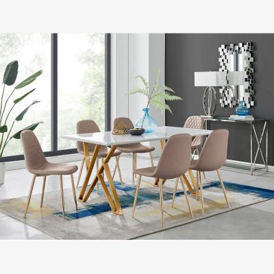 The Range Taranto White High Gloss Kitchen Dining Table and 6 Corona Gold Leg Chairs - Cappuccino