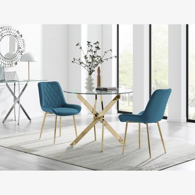 The Range Novara 100cm Round Gold Leg Kitchen Dining Table And 2 Pesaro Gold Leg Chairs - Blue