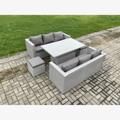 The Range Fimous 8-Seater Rattan Sofa Dining Set with Height-Adjustable Rising Table and 2 Footstools - light Grey Mixed