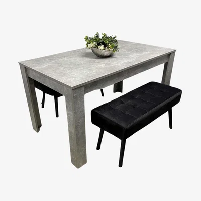 The Range Grey Wooden Dining Table Set and 2 Benches with Metal Legs - Black
