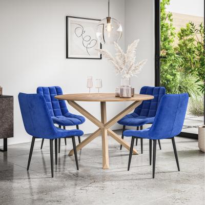The Range Malvern Round Oak Effect Dining Table Set w Oak Legs w 4-6 Nova Velvet Chair - Blue / 4