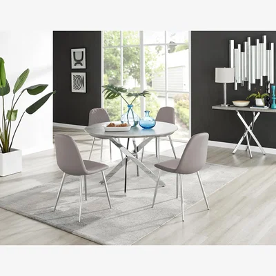The Range Novara Grey Concrete 120cm Round Dining Table And 4 Corona Silver Leg Chairs - Cappuccino / Dining Table & 4 Chairs