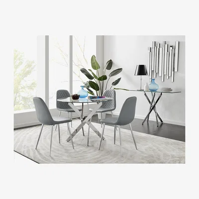 The Range Novara Chrome Metal 100cm Round Glass Dining Table  4 Corona Silver Leg Chairs - Grey