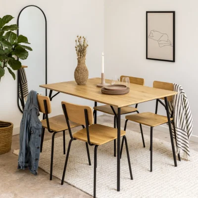 The Range Belgrade 5 Piece Dining Set Look Table with Steel Frame and 4 Laminate Chairs - Black and Natural