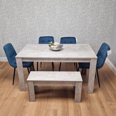 The Range Stone Grey Effect Dining Set Table 4 Blue Velvet Chairs Bench - Blue
