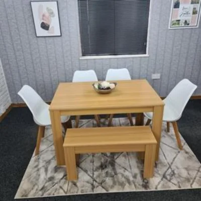 The Range KOSY KOALA 6 Seater Modern Light Wood Dining Table Set with 4 White Plastic Chairs and Bench H75 x L140 x W80 cm