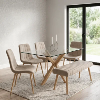 The Range 6 Seater Rectangle Glass Dining Table 4 Beige Chairs Bench Wood Effect X Metal Legs Dining Room Set - Clear