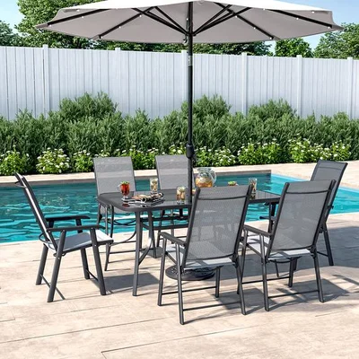 The Range 7-Piece Outdoor Patio Dining Bistro Set - Black / 6 folding chairs and a 150cm Rectangle dining table