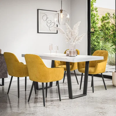 The Range Aria Dining Table And Chairs - Marble Effect Table w 4-6 Anika Velvet Chair - Mustard / 4