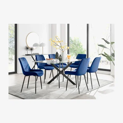 The Range Leonardo Black Leg Glass Dining Table  6 Pesaro Black Leg Chairs - Blue