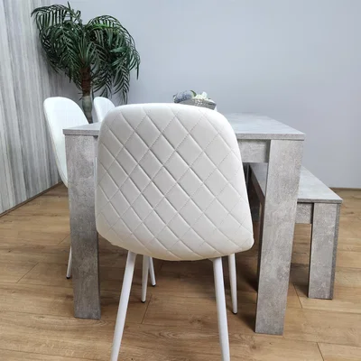 The Range Dining Stone Grey Effect Table with 4 White Chairs and a Bench Set - Grey White