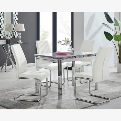 The Range Enna White Glass Extending Modern Kitchen Dining Table and 4 Lorenzo Chairs - White / Dining Table & 4 Chairs