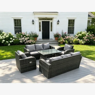 The Range Rattan 8 Seater Sofa Dining Set Reclining Chairs - Dark Grey Mixed