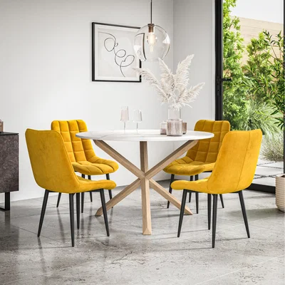 The Range Malvern Round Marble Effect Dining Table Set w Oak Legs w 4-6 Nova Velvet Chair - Mustard