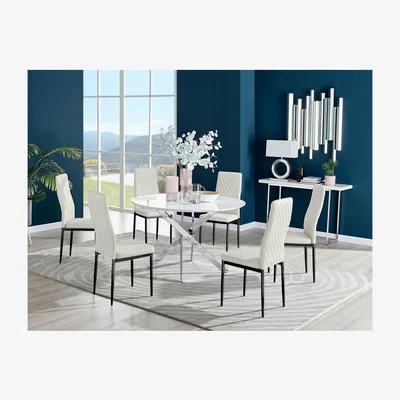 The Range Novara White High Gloss Round Dining Table and 6 Velvet Milan Black Leg Chairs - Cream