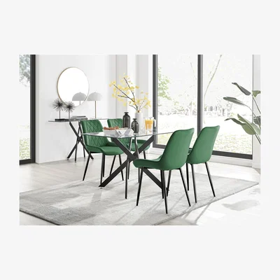 The Range Leonardo Black Leg Glass Dining Table With 4 Pesaro Black Leg Chairs - Green