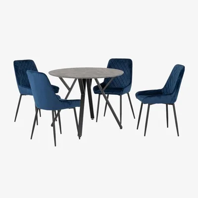 The Range Athens Round Dining Set with 4 Avery Chairs - Sapphire Blue Velvet