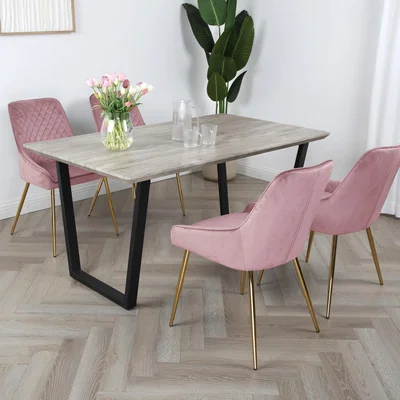 The Range Wood-effect Dining Table Set of 4 Hamilton Velvet Chairs - Pink Velvet with Gold Legs